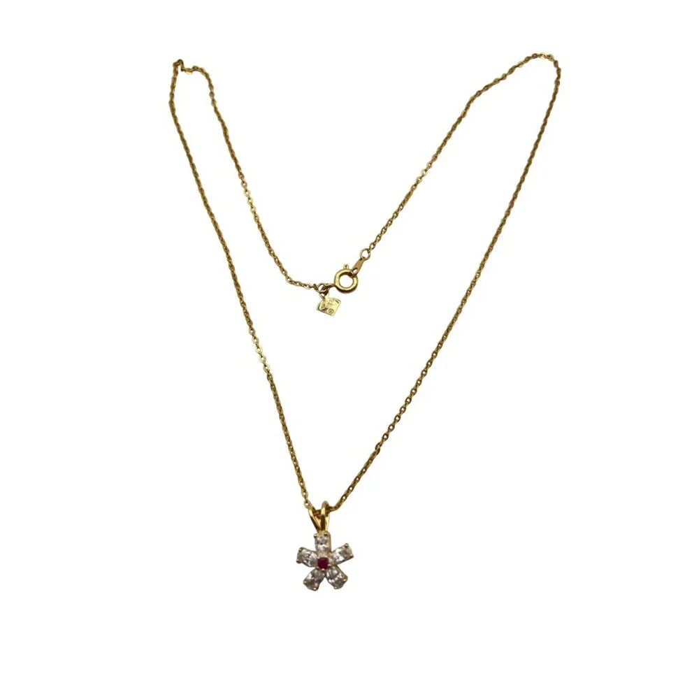 Gold Flower Pendant Necklace Clear CZ Petals Faux Ruby 17" Chain Marked JC & CCI - Picture 4 of 10